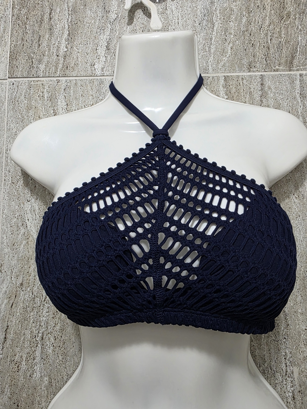 Robin Piccone Navy Crochet Halter Swim Top